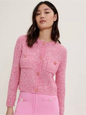 Maje pink textured tweed cardigan jacket with buttons and pockets | Size 1/S